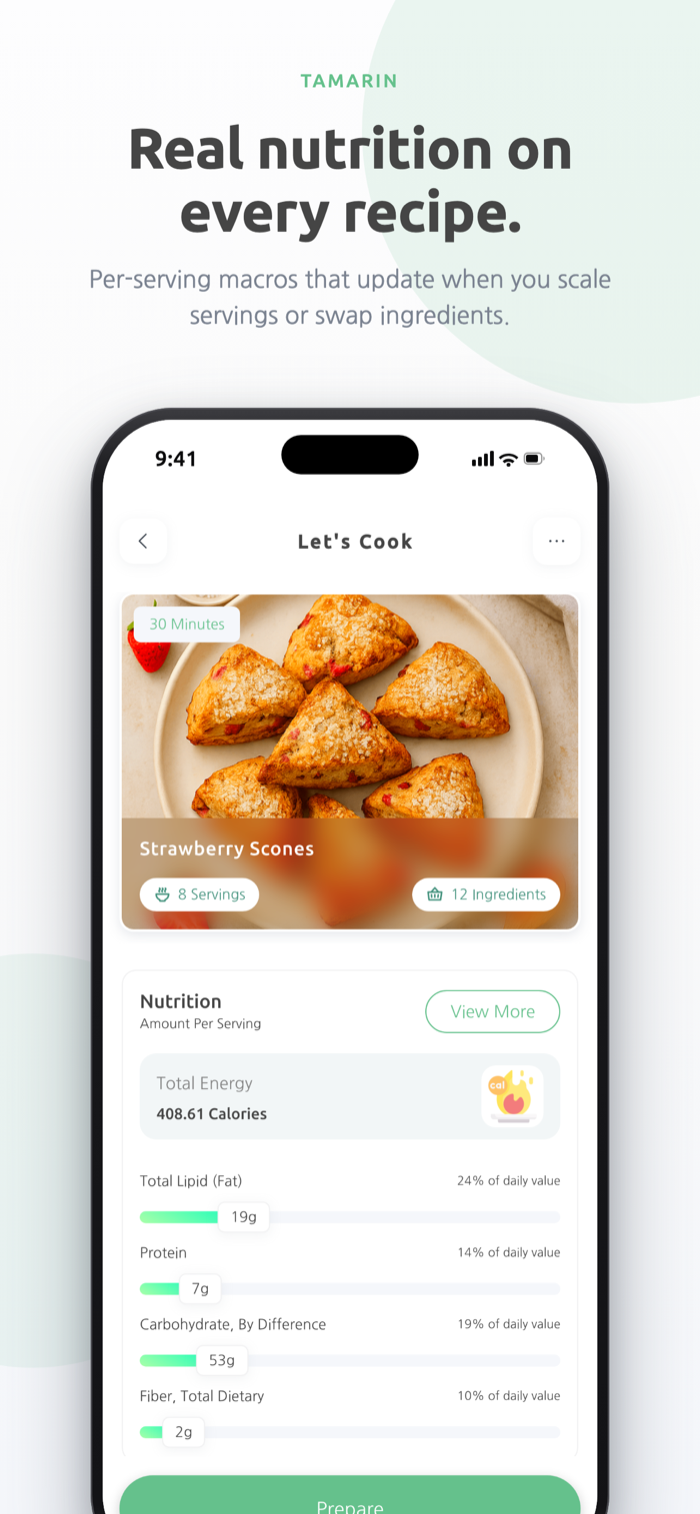 Per-serving nutrition and macros on every recipe